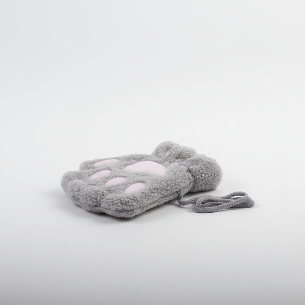 Unisex black fingerless gloves with white paw prints, made from soft plush material