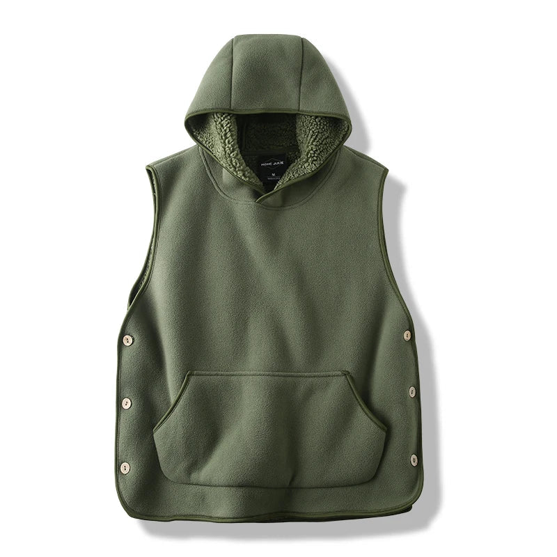 Unisex cozy fleece hooded vest with front pockets, perfect for casual layering and warmth.