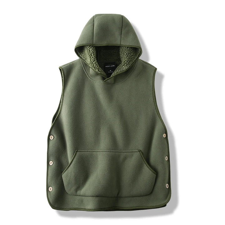 Unisex cozy fleece hooded vest with front pockets, perfect for casual layering and warmth.
