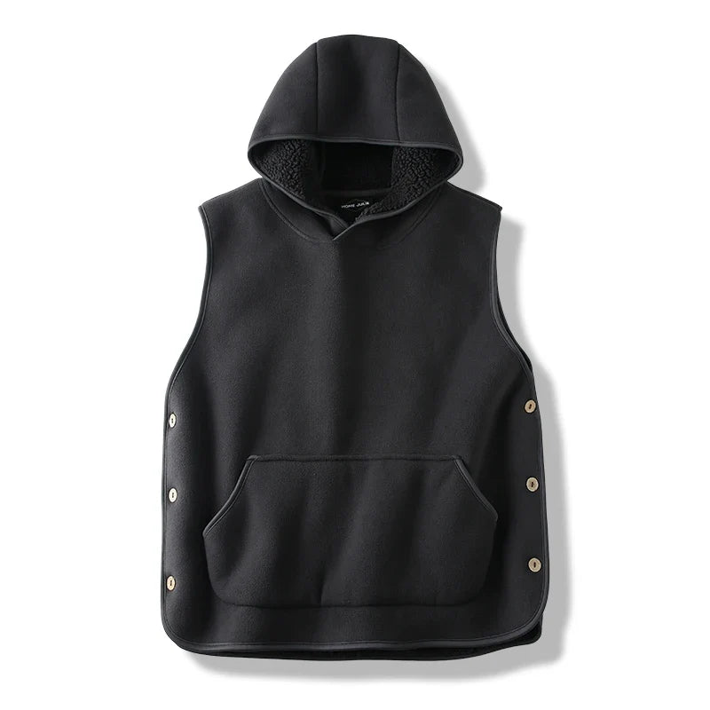 Warm unisex fleece hooded vest with stylish buttoned sides and practical pockets for everyday wear.