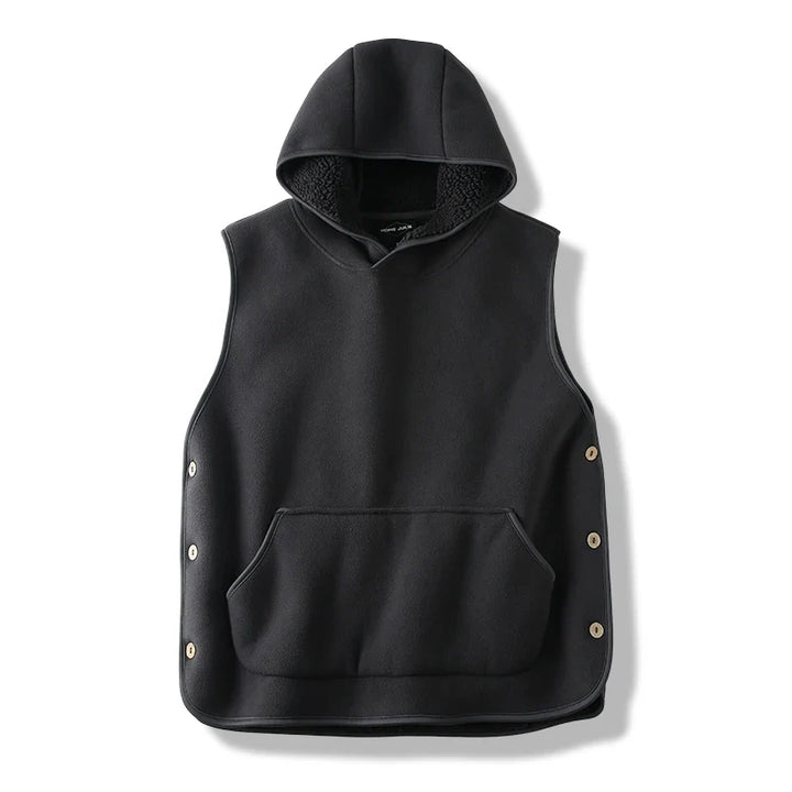 Warm unisex fleece hooded vest with stylish buttoned sides and practical pockets for everyday wear.