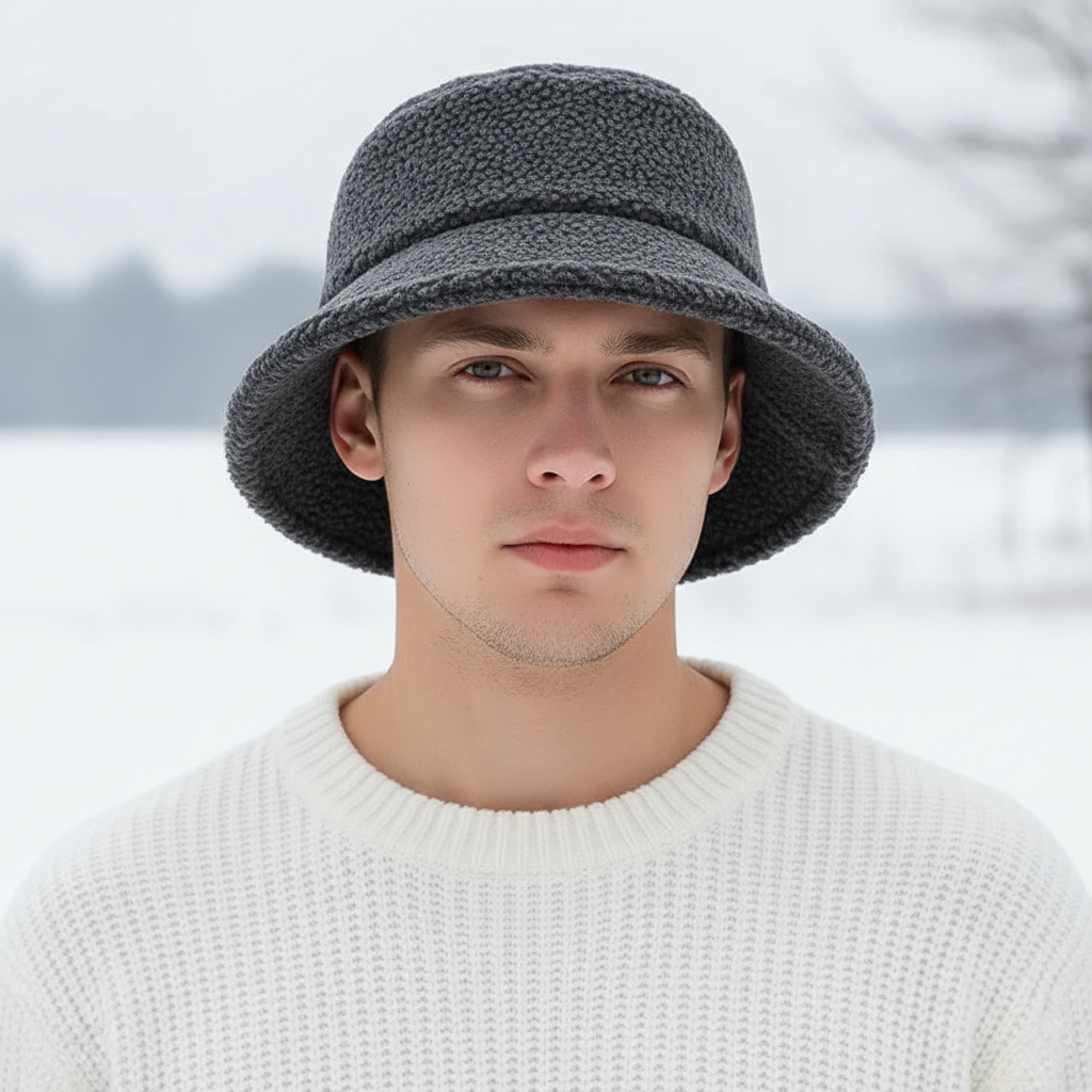 Unisex cozy grey fleece fisherman hat, perfect for winter warmth and outdoor style