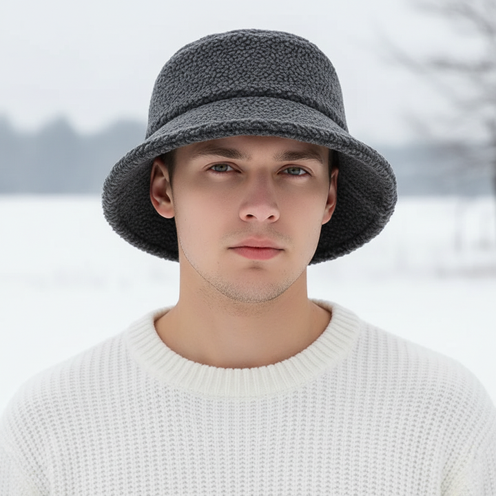 Unisex cozy grey fleece fisherman hat, perfect for winter warmth and outdoor style