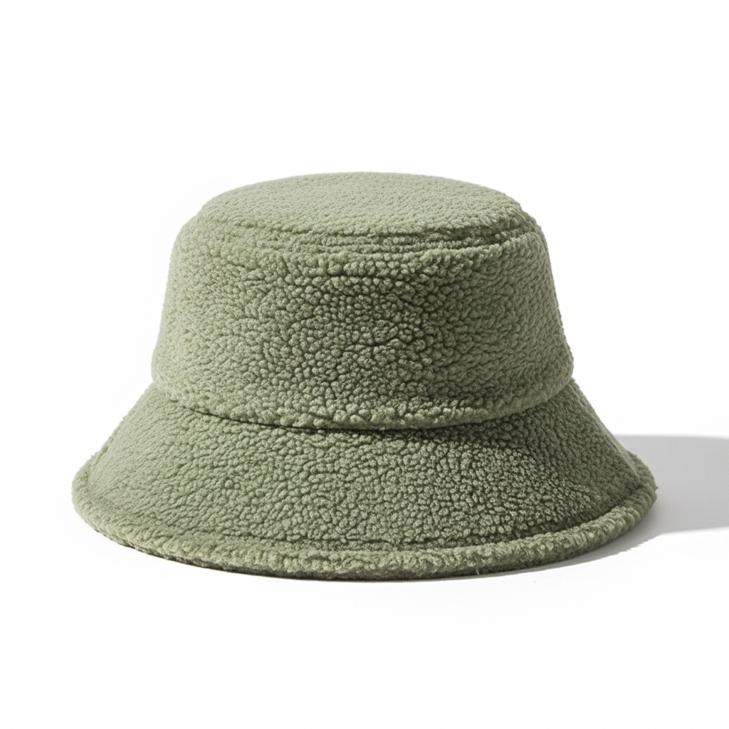 Fashionable fleece winter hat in an earthy green, a cozy and trendy fisherman style