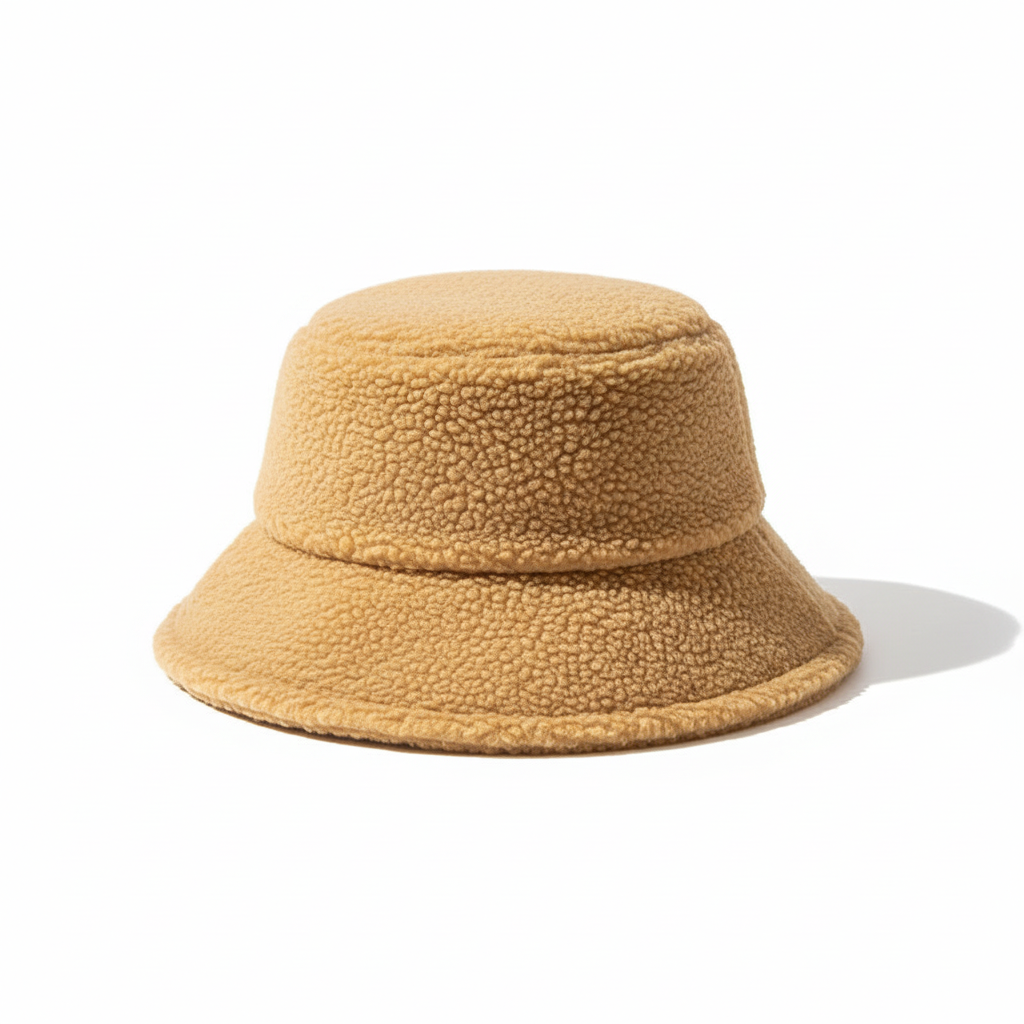 Close-up of a cozy black fleece fisherman hat texture, emphasizing its warmth and quality
