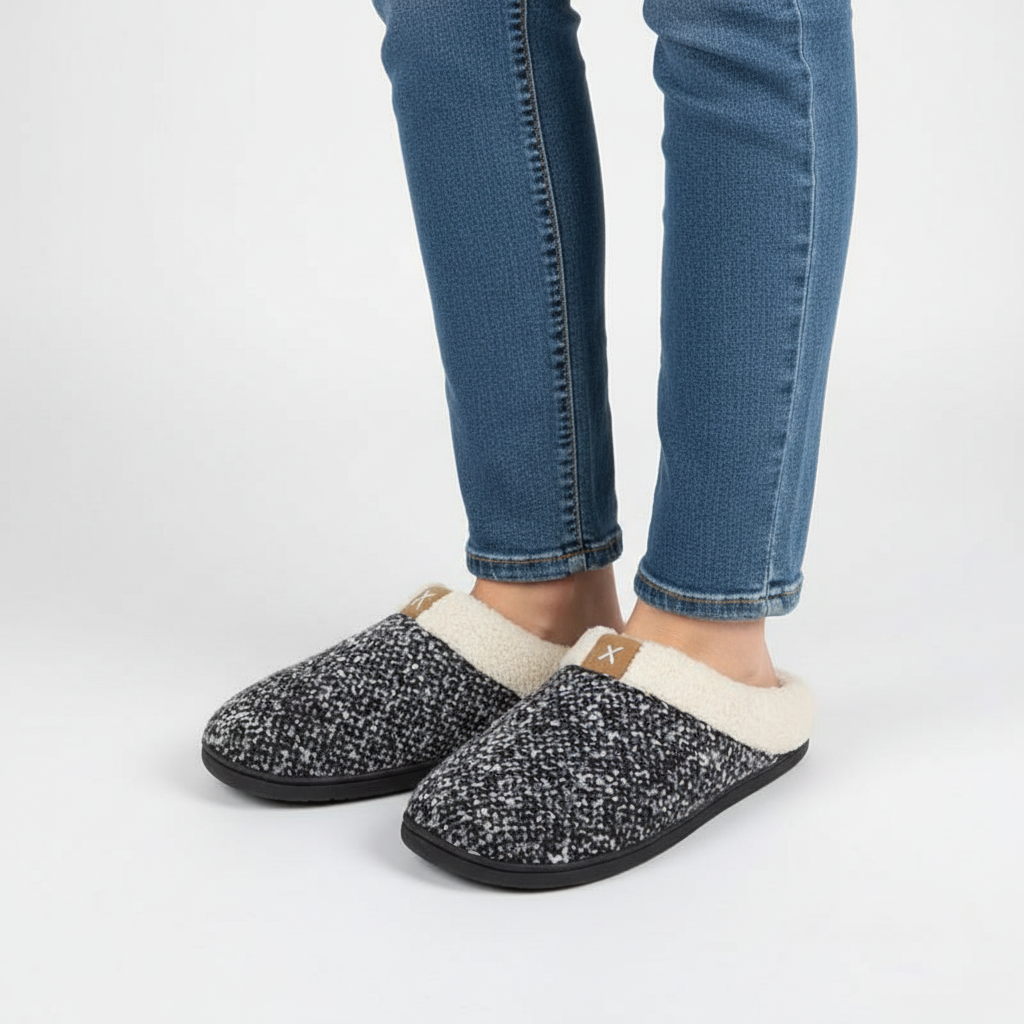 Pair of CloudStep memory foam house shoes, ideal for comfort and warmth indoors