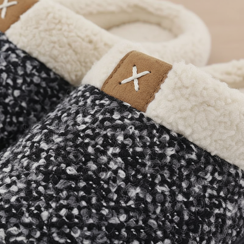 Close-up of a CloudStep unisex slipper showing soft memory foam and plush interior