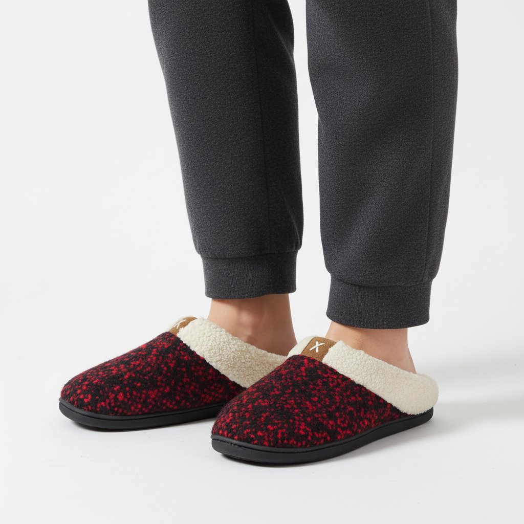 Lifestyle shot featuring CloudStep cozy memory foam house slippers on a wooden floor