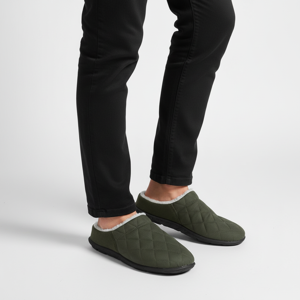 Close-up of CozyKick unisex plush fleece-lined slippers, soft interior, non-slip bottom