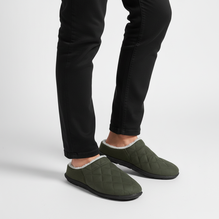Close-up of CozyKick unisex plush fleece-lined slippers, soft interior, non-slip bottom
