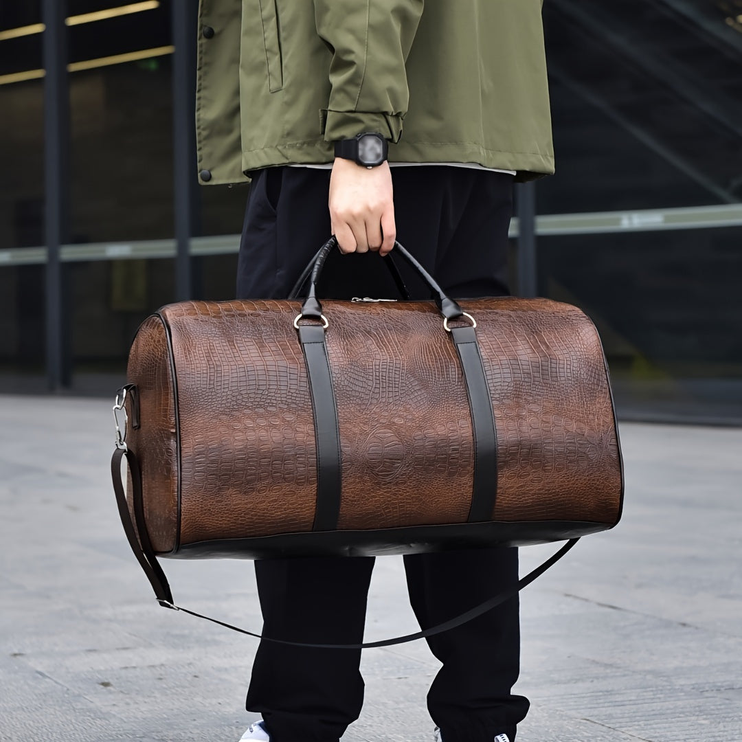 Unisex croc-embossed vegan leather duffle bag. Stylish & durable weekender travel bag, perfect carry-on.