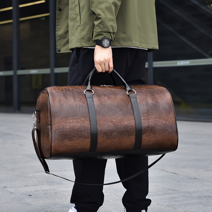Unisex croc-embossed vegan leather duffle bag. Stylish & durable weekender travel bag, perfect carry-on.