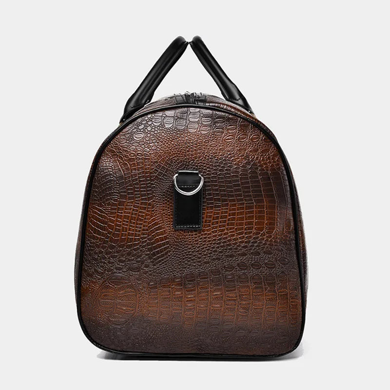 Durable croc-embossed vegan leather duffle. Waterproof, scratch-resistant unisex weekender travel bag.