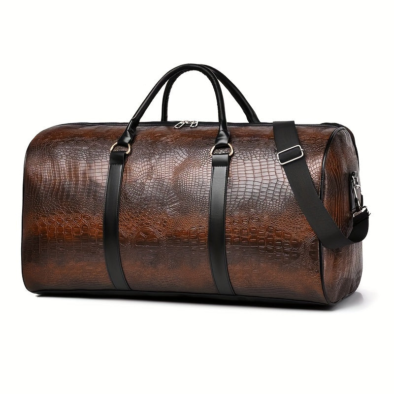 Close-up of croc-embossed vegan leather texture on a unisex weekender duffle bag. Waterproof travel accessory.