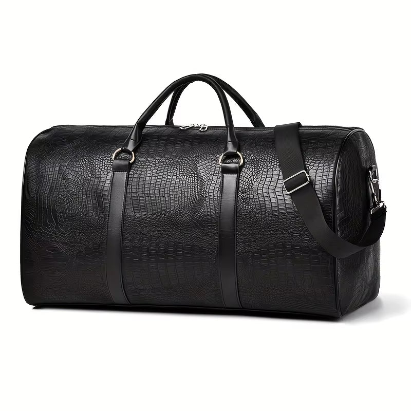 Full view of the black croc-embossed vegan leather unisex duffle bag. Weekender, gym, or travel bag.