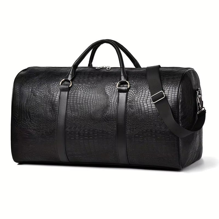 Full view of the black croc-embossed vegan leather unisex duffle bag. Weekender, gym, or travel bag.