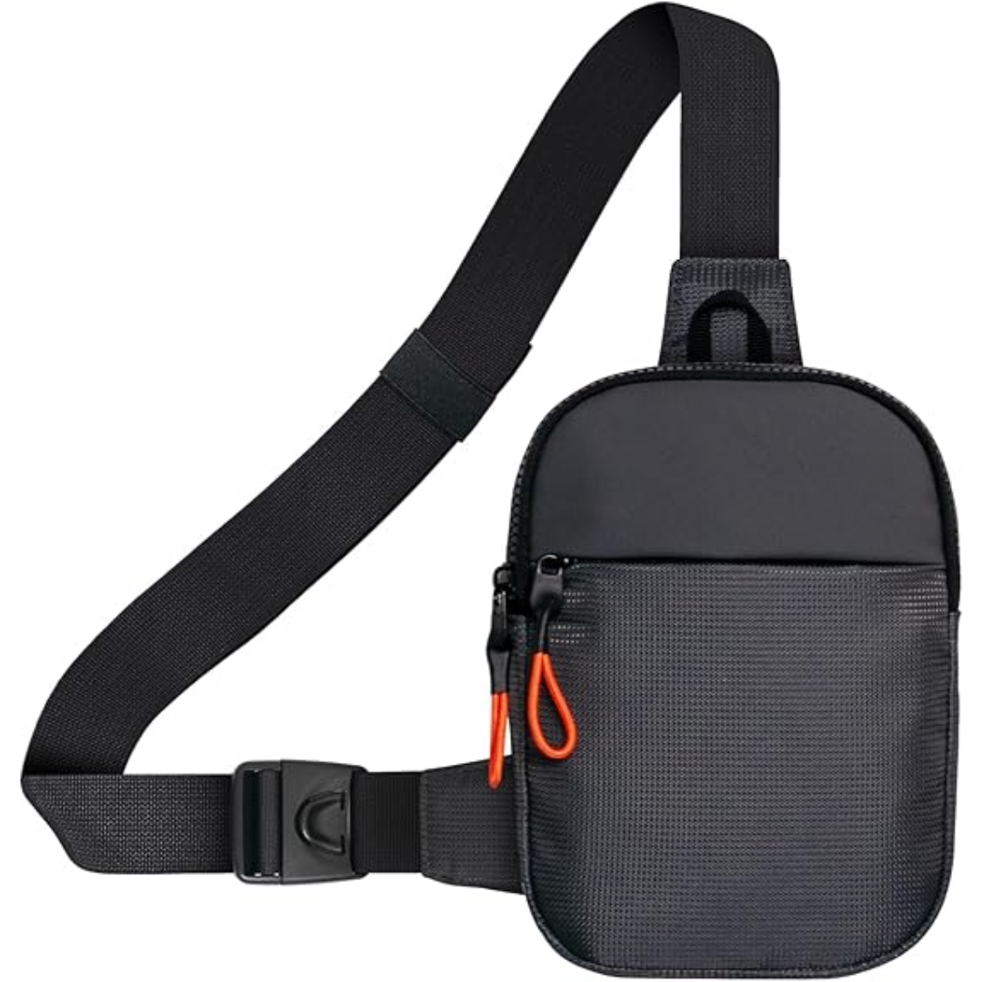 Close-up of Unisex CrossLite waterproof chest mini sling bag, front zipper pocket
