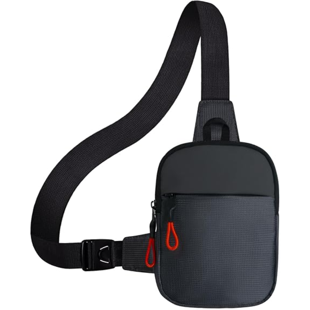 Unisex CrossLite mini sling bag, gray, side view showing slim profile and strap