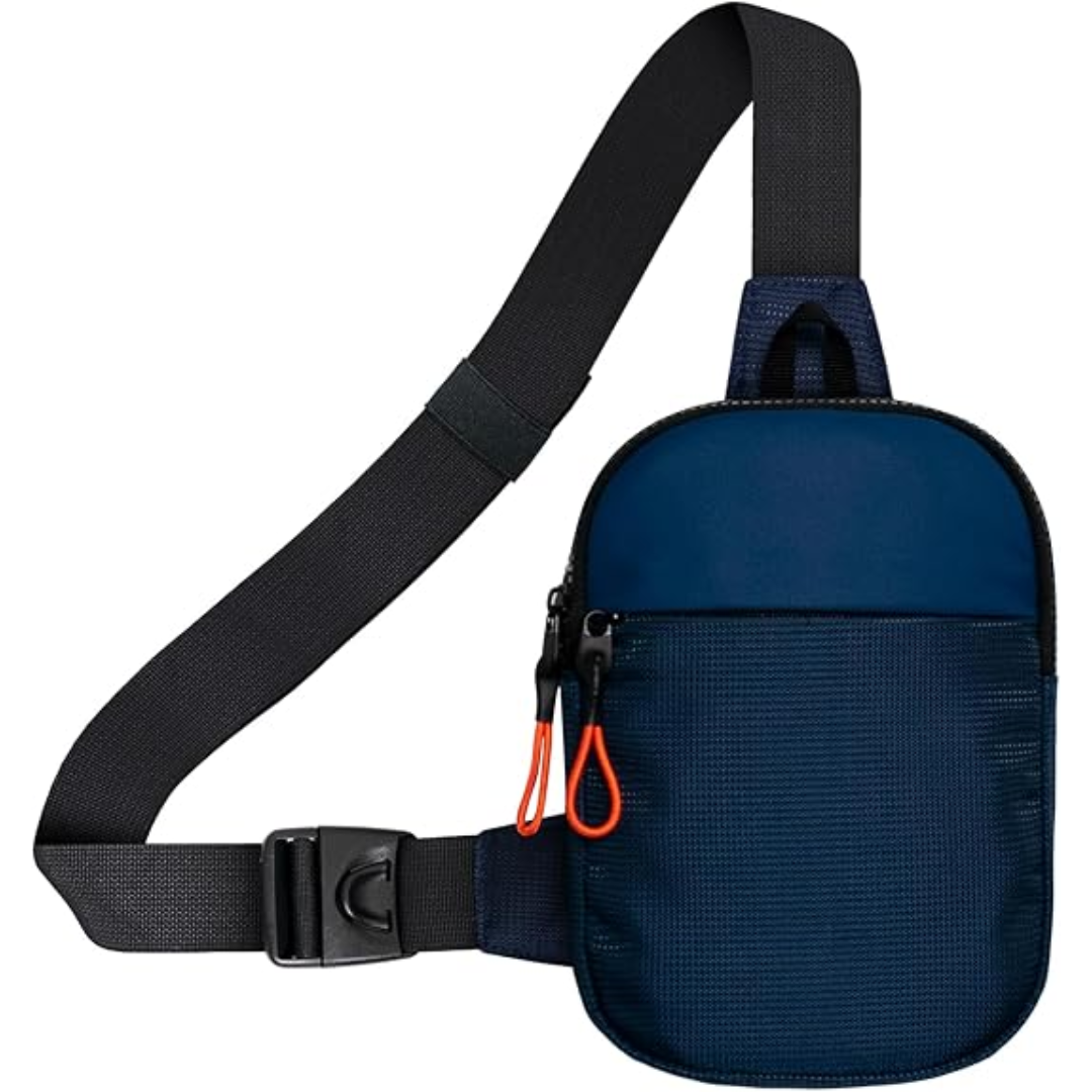 Model wearing a black Unisex waterproof chest mini sling bag, active travel gear