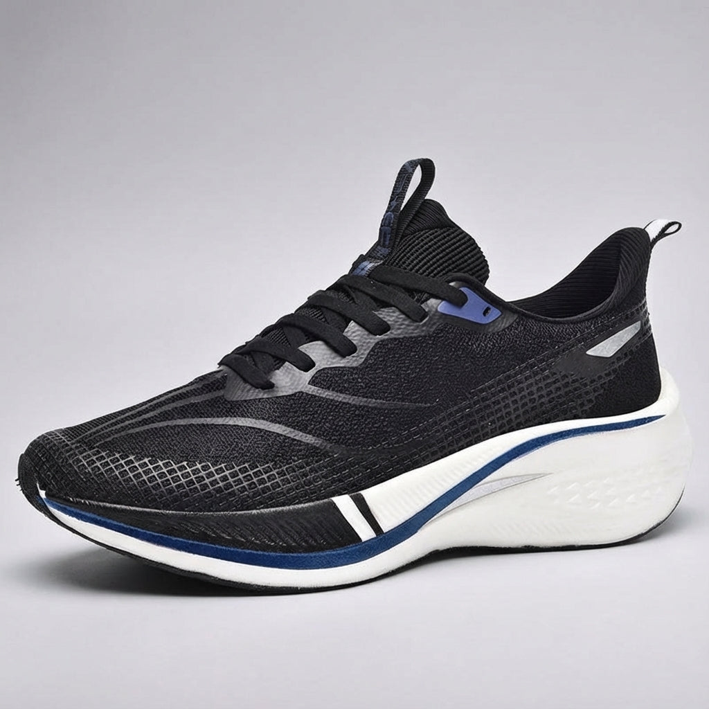 Top-down view of Frances unisex athletic shoes, emphasizing the cushioned, long distance design.