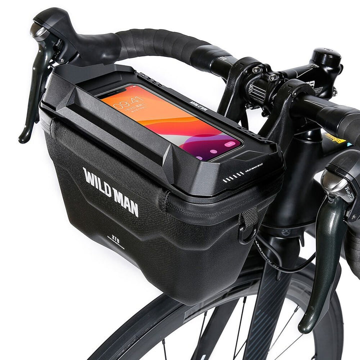 Unisex cycling handlebar bag for phone & essentials. Waterproof bike storage & smartphone holder.
