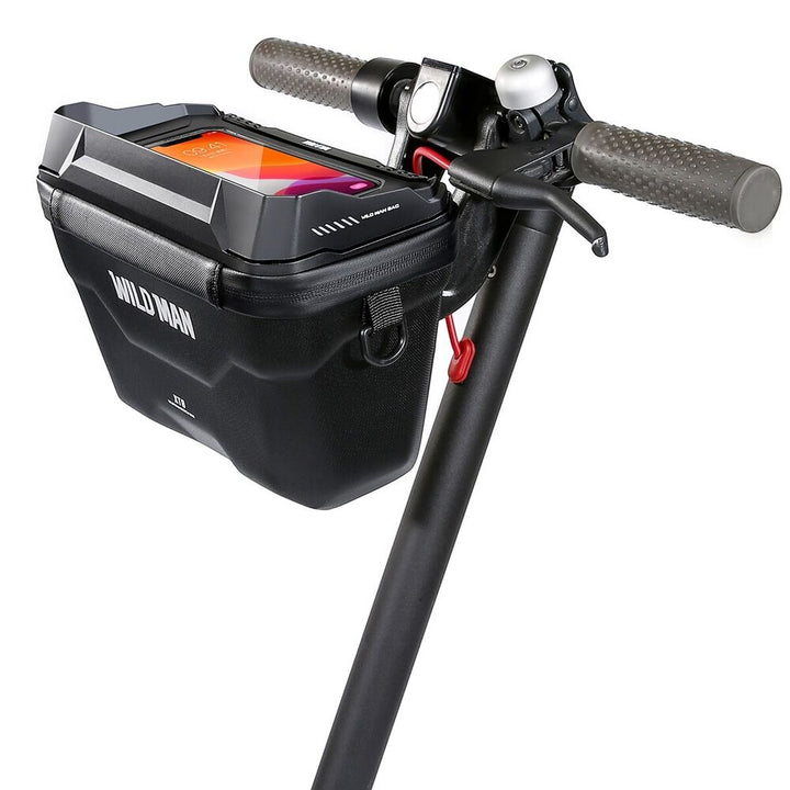 Waterproof cycling handlebar bag with clear touch screen phone holder. Secure bike storage for essentials.