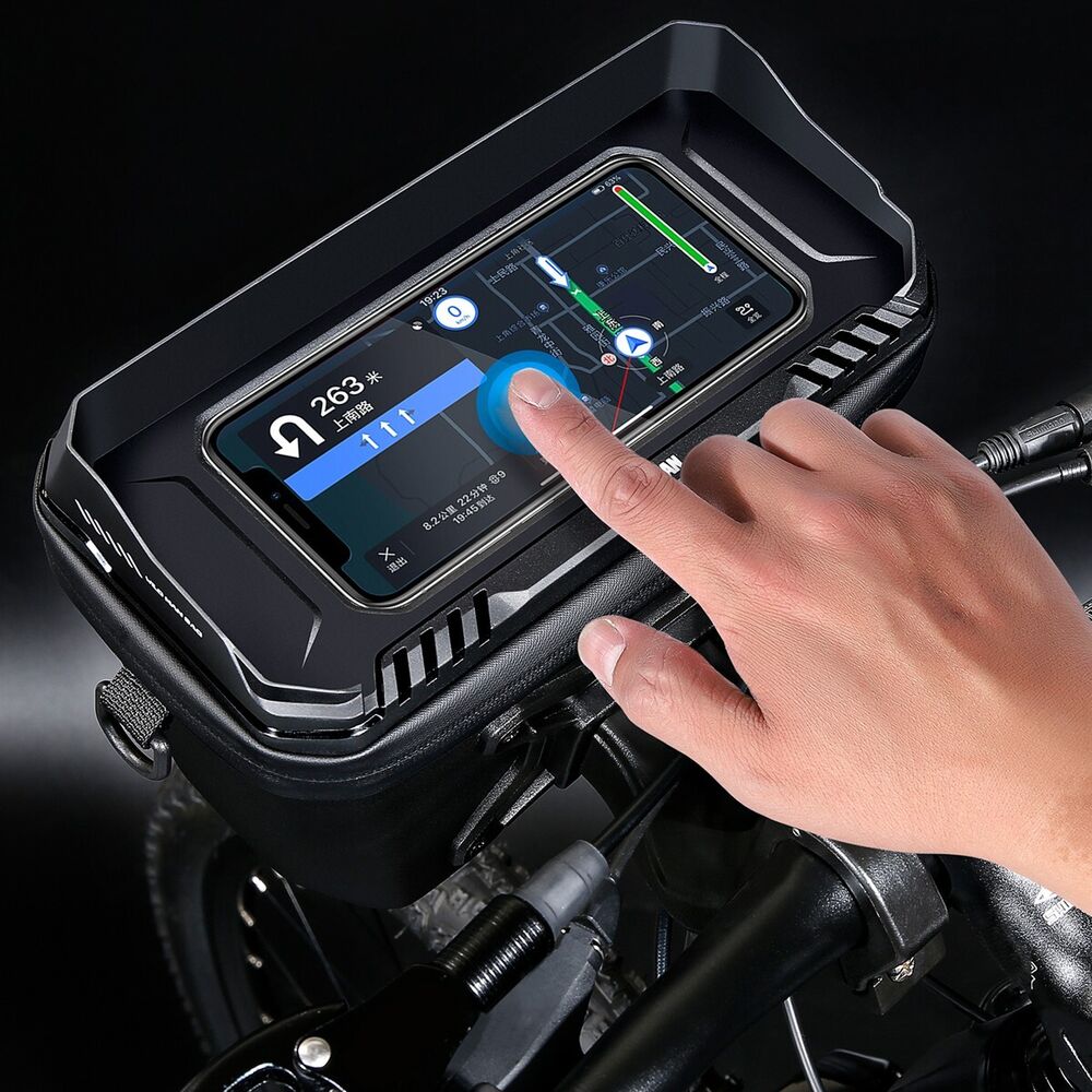 Secure bike accessory: waterproof handlebar bag for cycling essentials, with a dedicated phone compartment.
