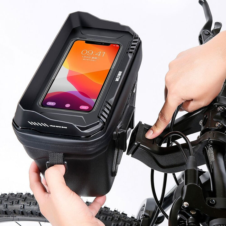 Unisex cycling phone holder & storage bag. Attaches securely to handlebars. Waterproof design.