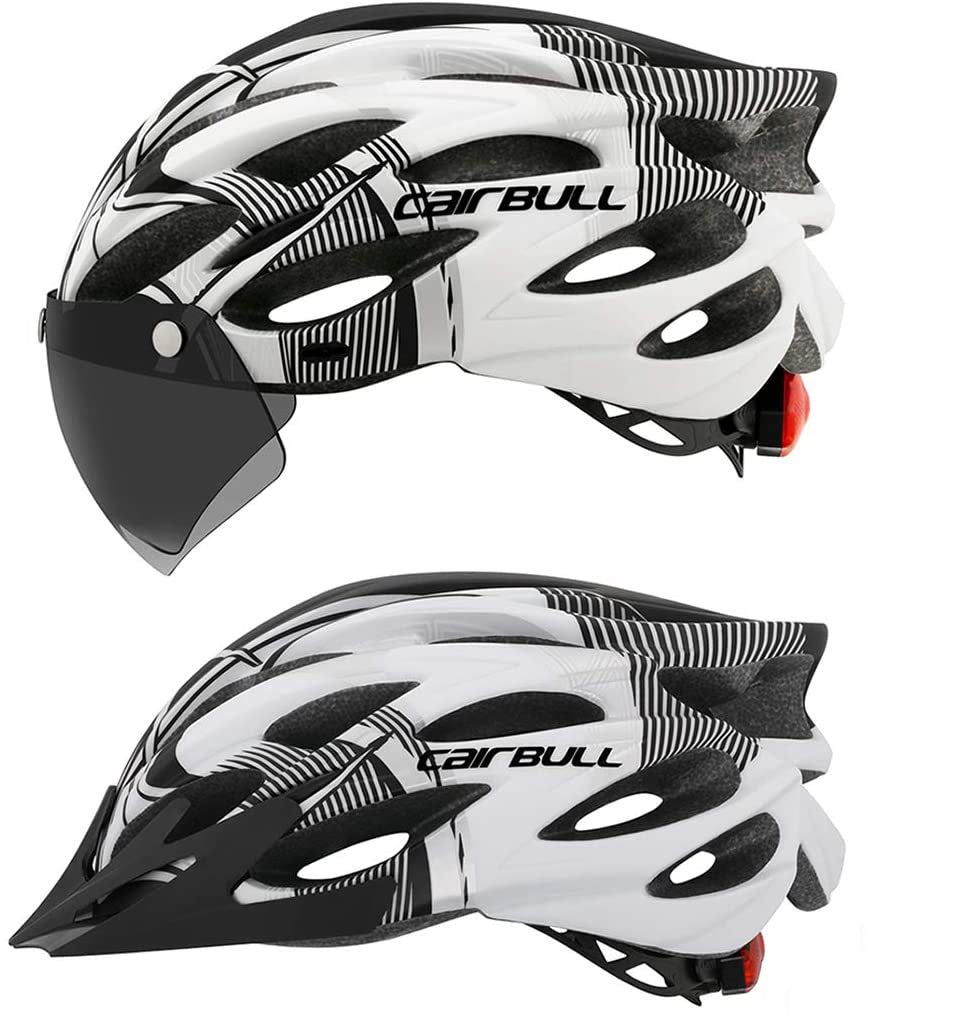 Cyclist wearing a unisex safety helmet with integrated rear light for enhanced visibility and protection.