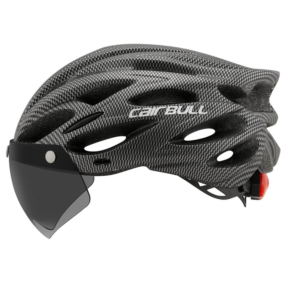 Bike safety helmet with bright rear light, ideal for road and mountain biking.