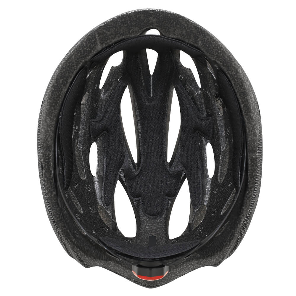 Rear view of a safety cycling helmet, highlighting the integrated bright LED light for visibility.