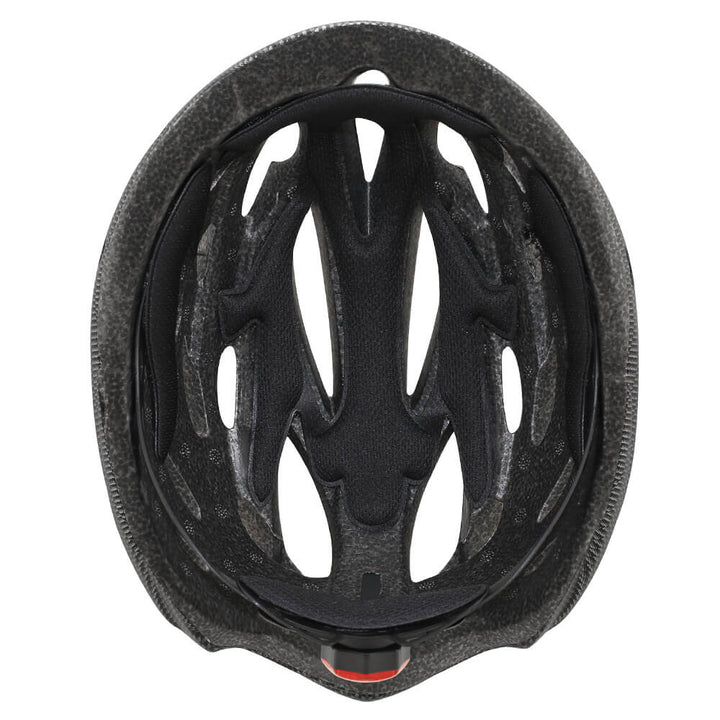 Rear view of a safety cycling helmet, highlighting the integrated bright LED light for visibility.