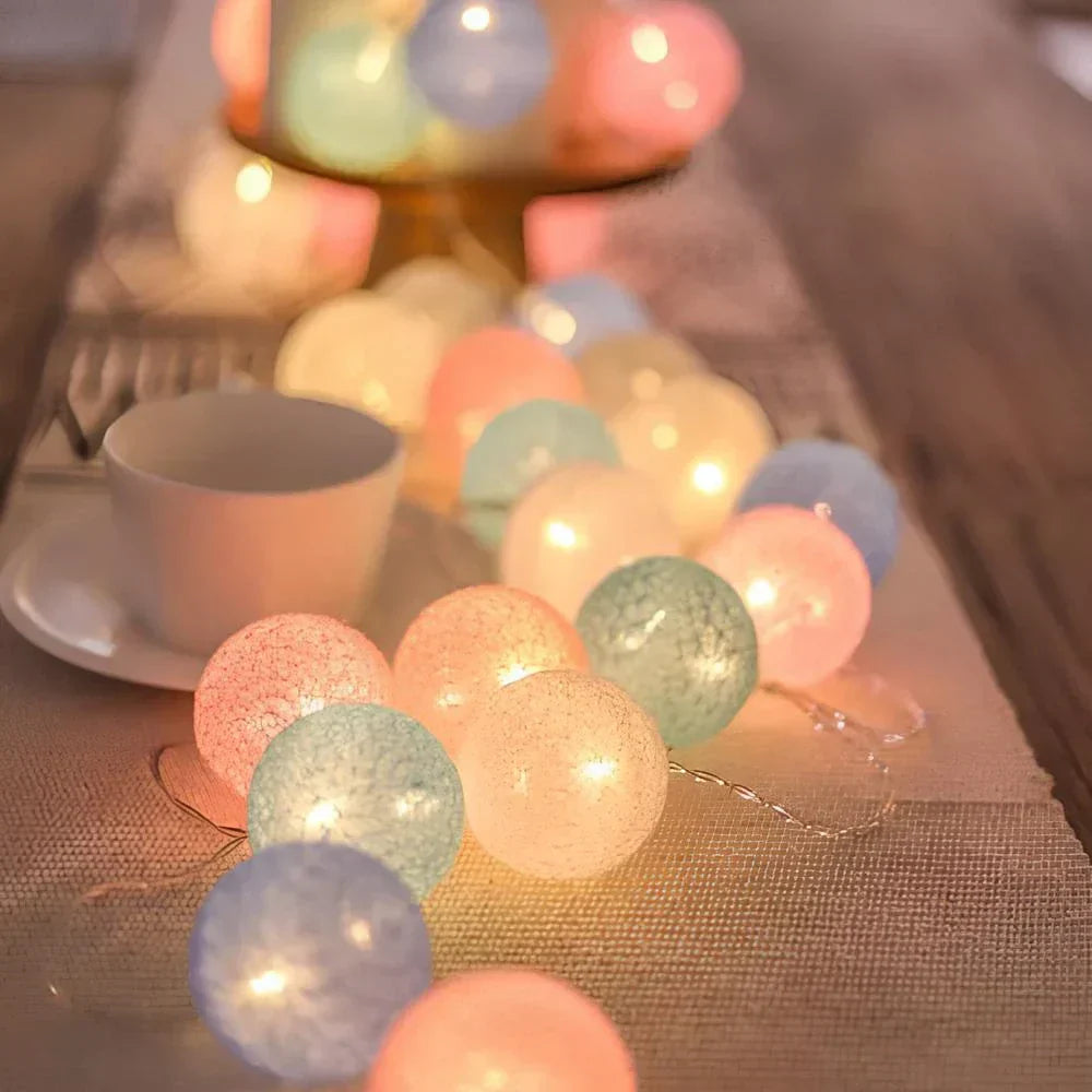 Unisex decorative cotton ball string lights, warm white, perfect for cozy ambient home decor.