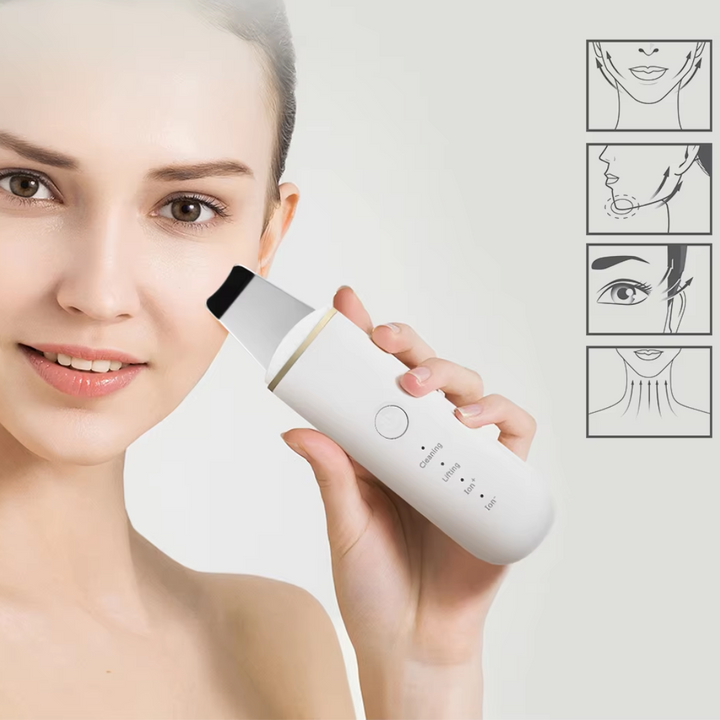 Unisex Ultrasonic Skin Scrubber illuminating, indicating active mode for skincare treatment.
