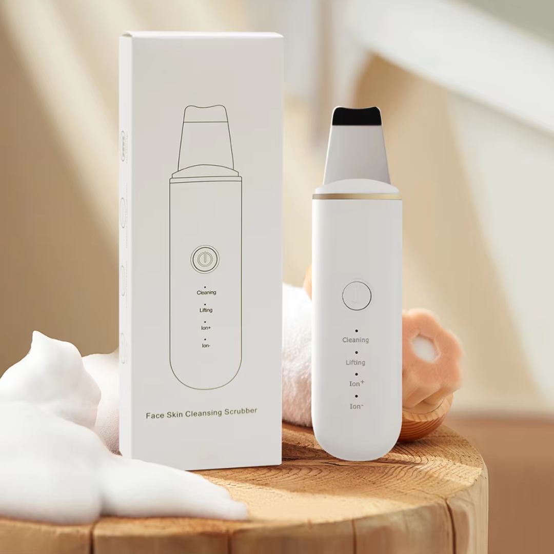 Unisex Ultrasonic Skin Scrubber with various settings, explaining its multi-functional skincare capabilities.