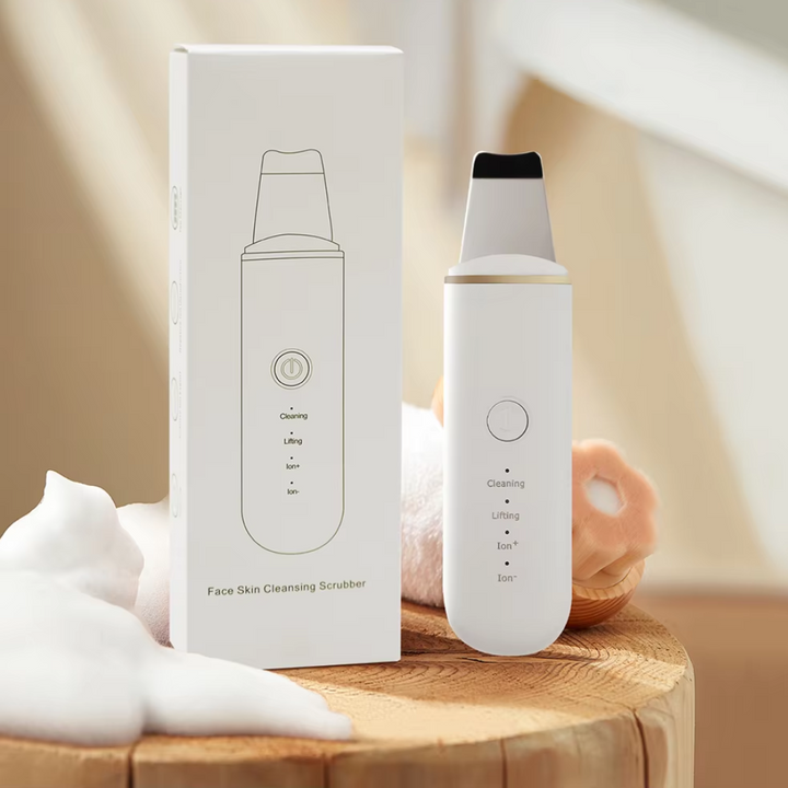 Unisex Ultrasonic Skin Scrubber with various settings, explaining its multi-functional skincare capabilities.