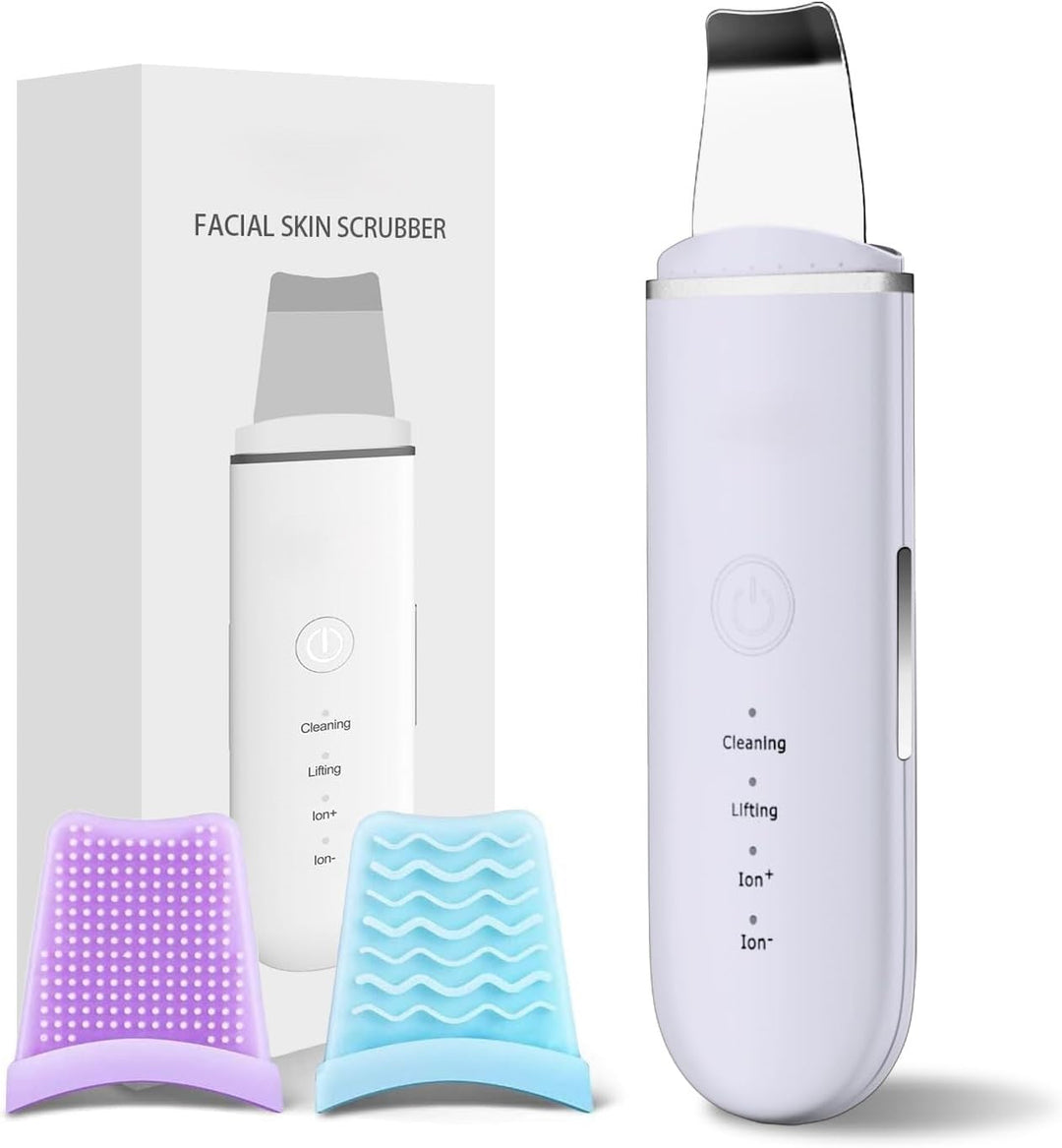 Hand holding rechargeable Ultrasonic Skin Scrubber, demonstrating deep cleansing facial device.