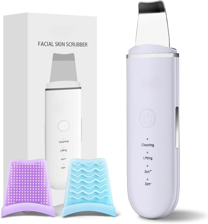 Hand holding rechargeable Ultrasonic Skin Scrubber, demonstrating deep cleansing facial device.