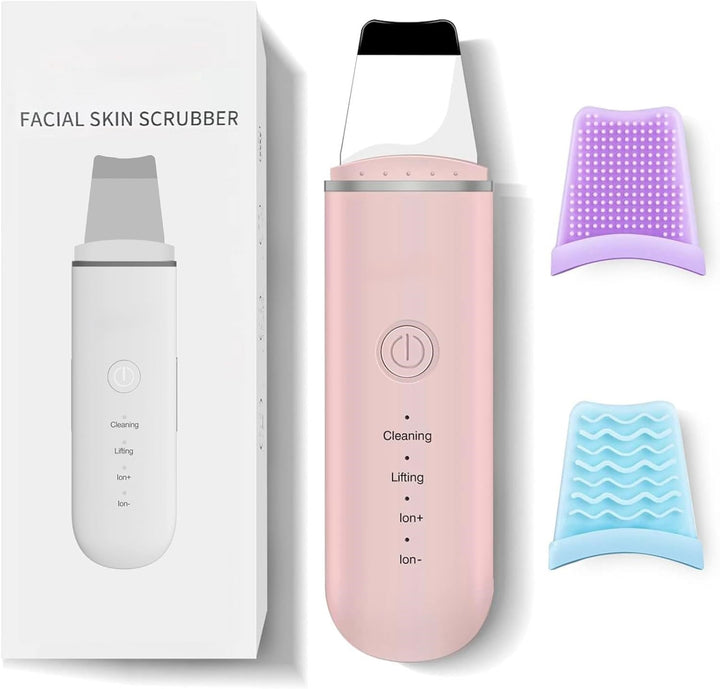 Close-up of Ultrasonic Skin Scrubber tip, showing stainless steel exfoliator for blackhead removal.
