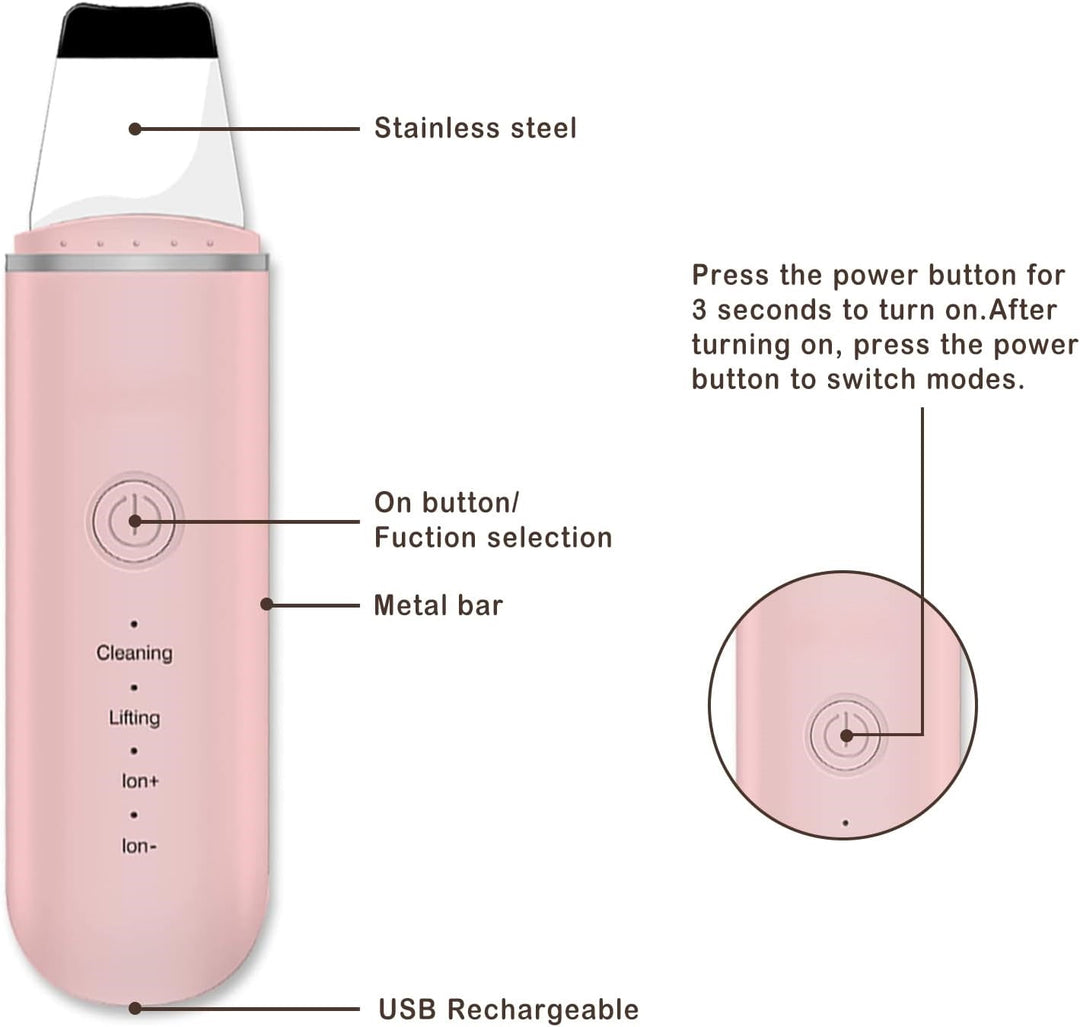 Rechargeable Ultrasonic Skin Scrubber in pink, a powerful facial cleanser and beauty tool.
