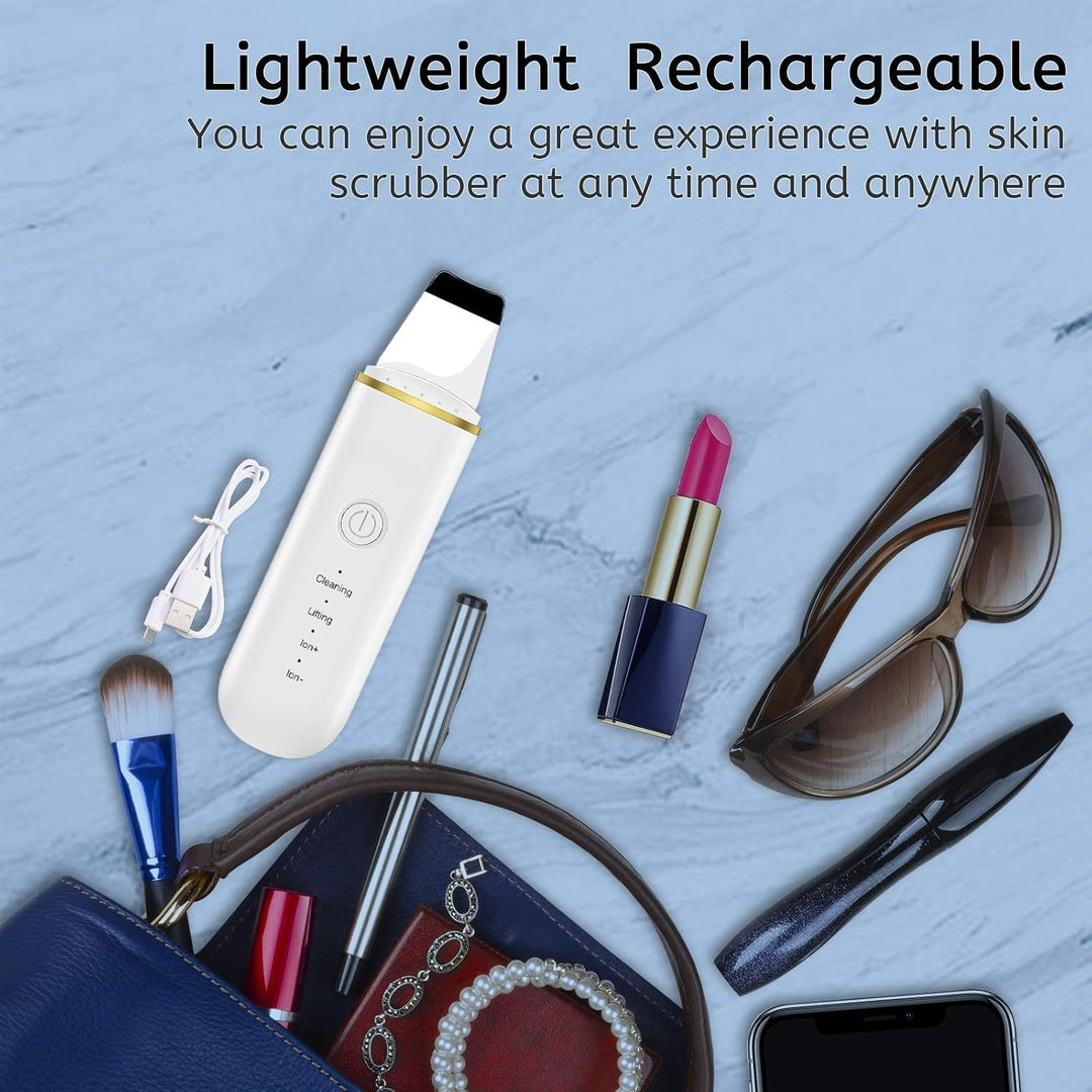 Set of Deep Cleansing Ultrasonic Skin Scrubber with charging cable and user manual.