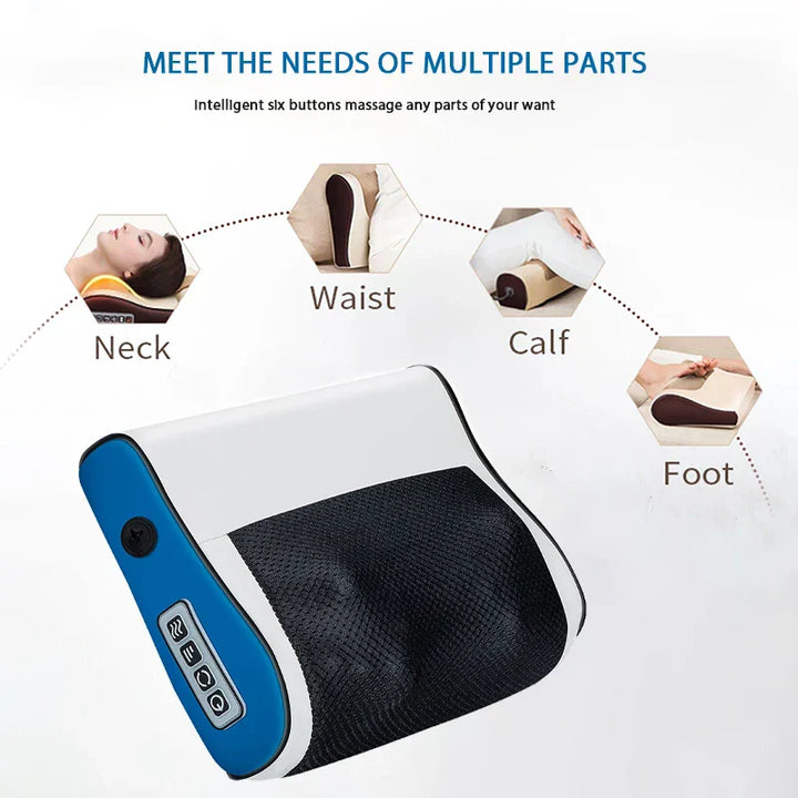 Person using Unisex Neck & Shoulder Massager at home, showcasing portable design & ease of use for pain relief.