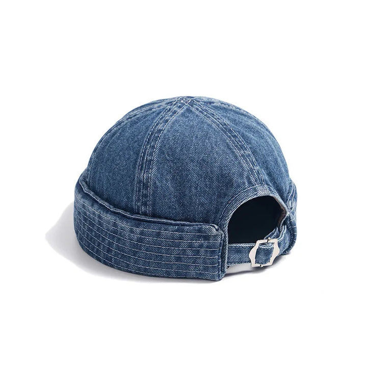 Classic blue denim baseball cap with a unique roll-up brim. Unisex & adjustable fit for casual wear.