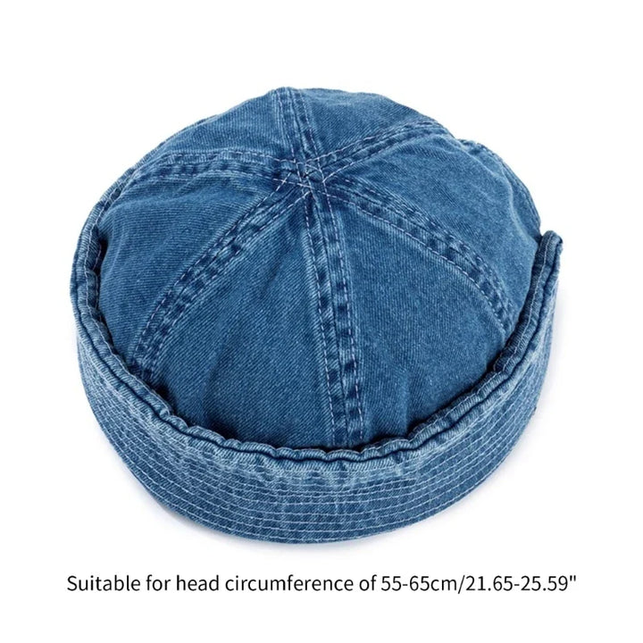 Front view of a stylish unisex denim roll-up baseball cap. Adjustable design, ideal for casual streetwear.