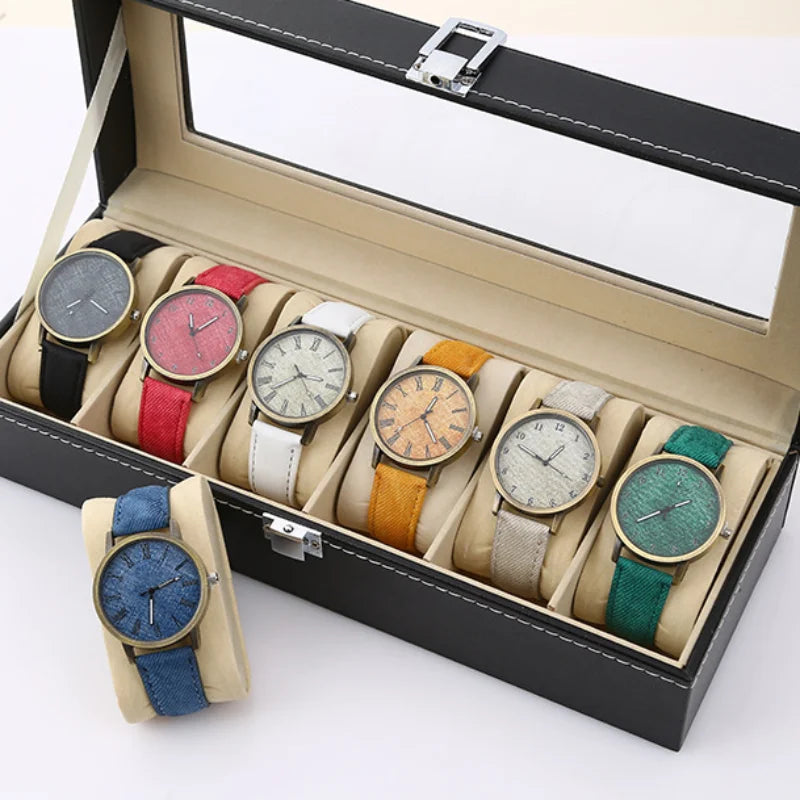 Modern casual unisex timepiece with a comfortable denim strap & distinguished bronze details.
