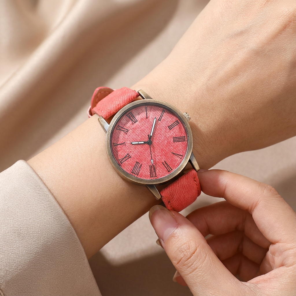 Fashionable unisex denim watch with a bronze dial, great for casual outfits & everyday accessory.