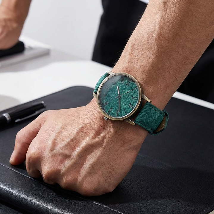 Casual unisex watch with a blue denim strap & bronze bezel, a stylish and timeless wristwear accessory.
