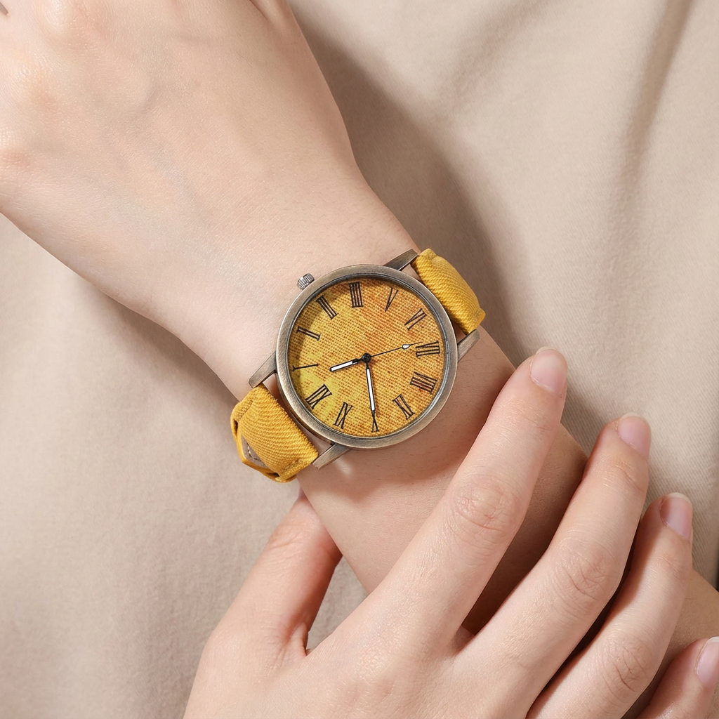 Bronze accent unisex watch with a textured denim strap, a versatile fashion timepiece for all.