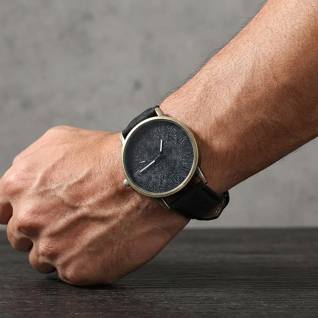 Classic round face unisex watch featuring a comfy denim strap & elegant bronze-finished case.