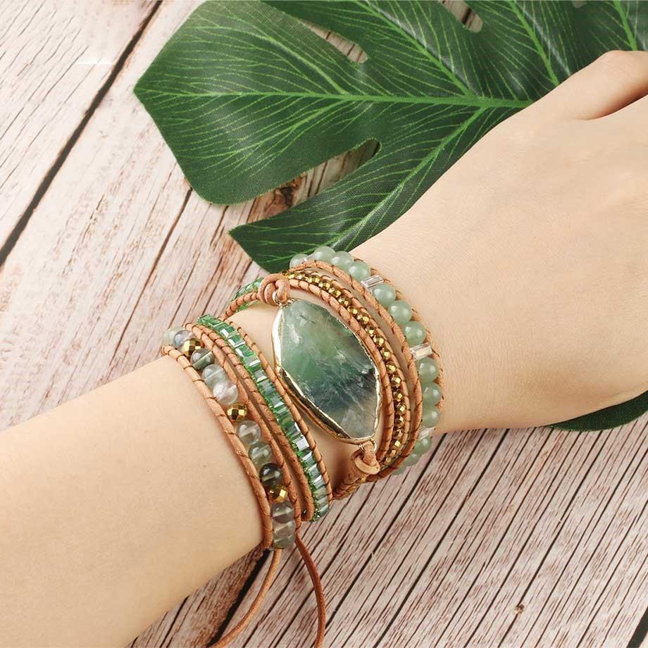 Unisex detoxifying fluorite wrap bracelet with iridescent stones on vegan leather